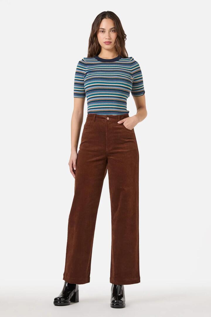 Image of a model wearing Denim. Productname: Charlie Girl Cord Jean in Chocolate colour by brand - Princess Highway