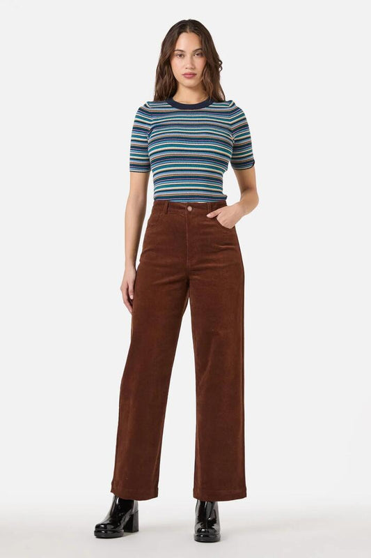 Image of a model wearing Denim. Productname: Charlie Girl Cord Jean in Chocolate colour by brand - Princess Highway