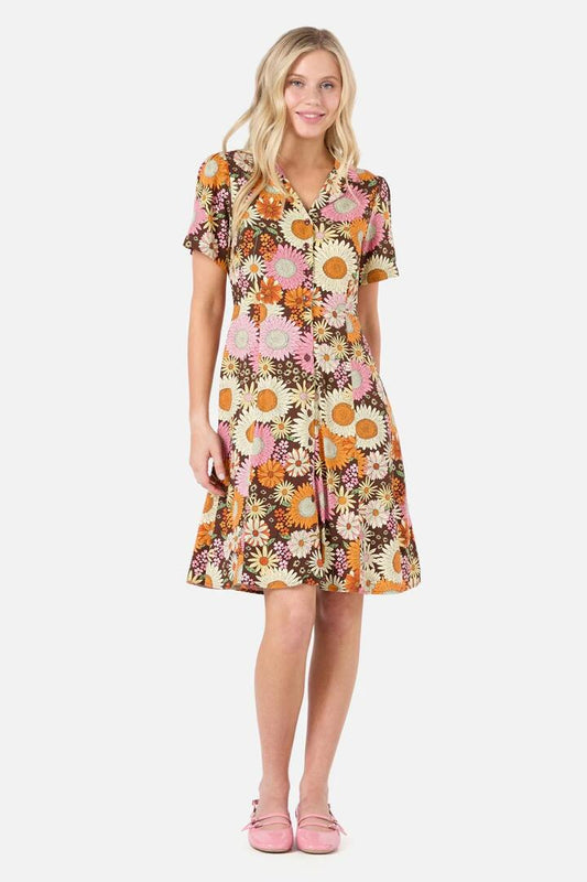 Image of a model wearing Dress. Productname: Viva Floral Shirt Dress in Chocolate colour by brand - Princess Highway