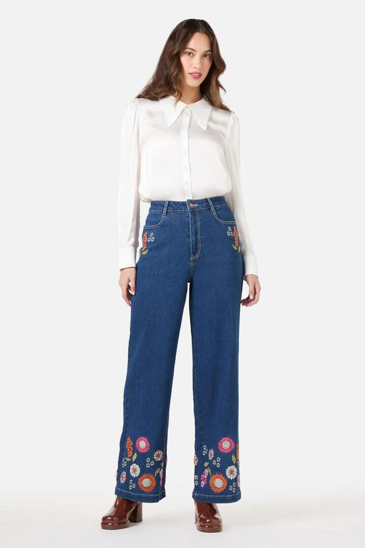 Image of a model wearing Denim. Productname: Viva Floral Embroidered Jean in Blue Denim colour by brand - Princess Highway