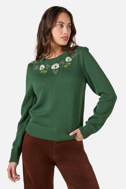 Image of a model wearing Outerwear. Productname: Viva Floral Embroidered Jumper in Green colour by brand - Princess Highway