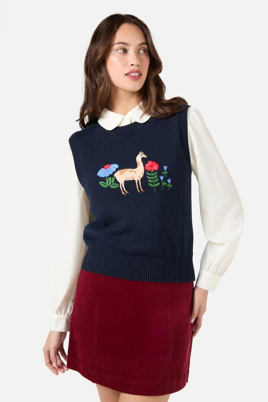 Image of a model wearing Tops. Productname: Llama Embroidered Knit Vest in Navy colour by brand - Princess Highway