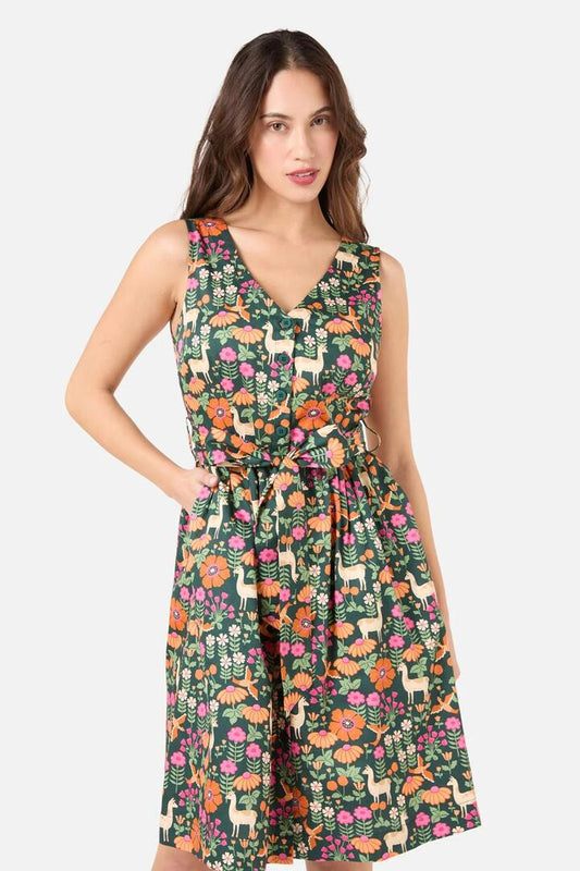 Image of a model wearing Dress. Productname: Llama V Neck Sleeveless Dress in Green colour by brand - Princess Highway