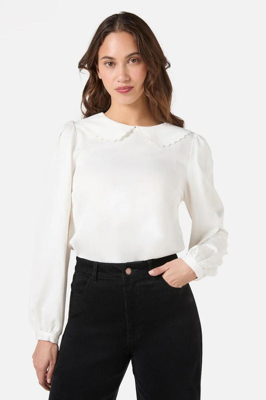 Image of a model wearing Tops. Productname: Mary Peter Pan Blouse in Cream colour by brand - Princess Highway