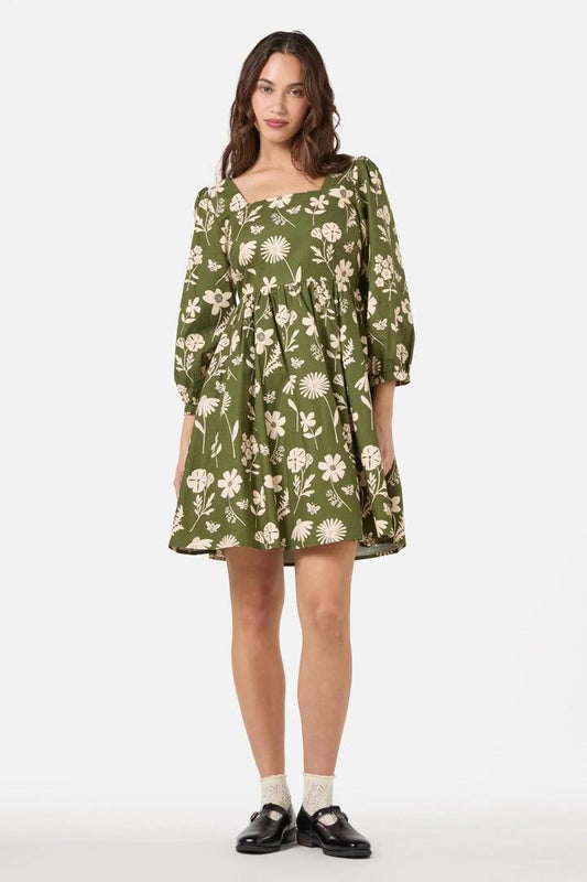 Image of a model wearing Dress. Productname: Variety Fleur 3/4 Sleeve Dress in Olive colour by brand - Princess Highway