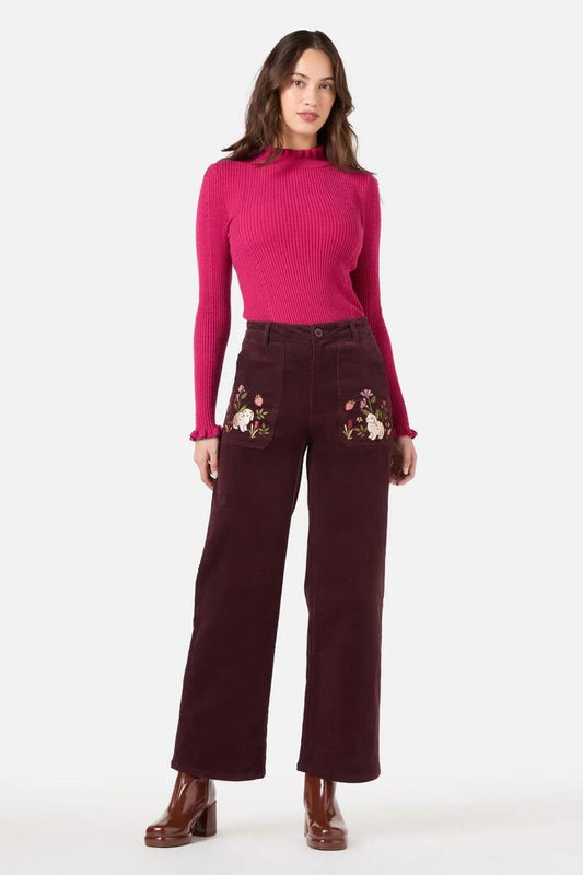 Image of a model wearing Denim. Productname: Rabbit Embroidered Cord Jean in Burgundy colour by brand - Princess Highway
