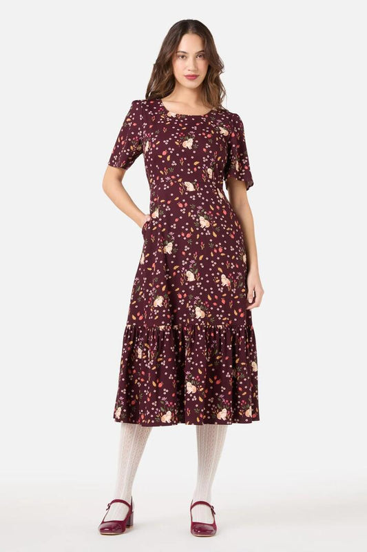 Image of a model wearing Dress. Productname: Coco Rabbit Midi Dress in Burgundy colour by brand - Princess Highway
