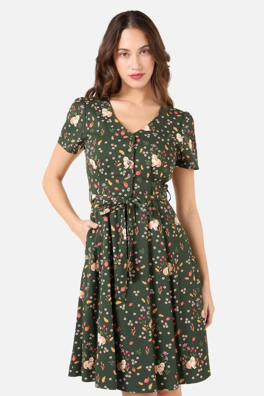 Image of a model wearing Dress. Productname: Coco Rabbit A-Line Dress in Olive colour by brand - Princess Highway
