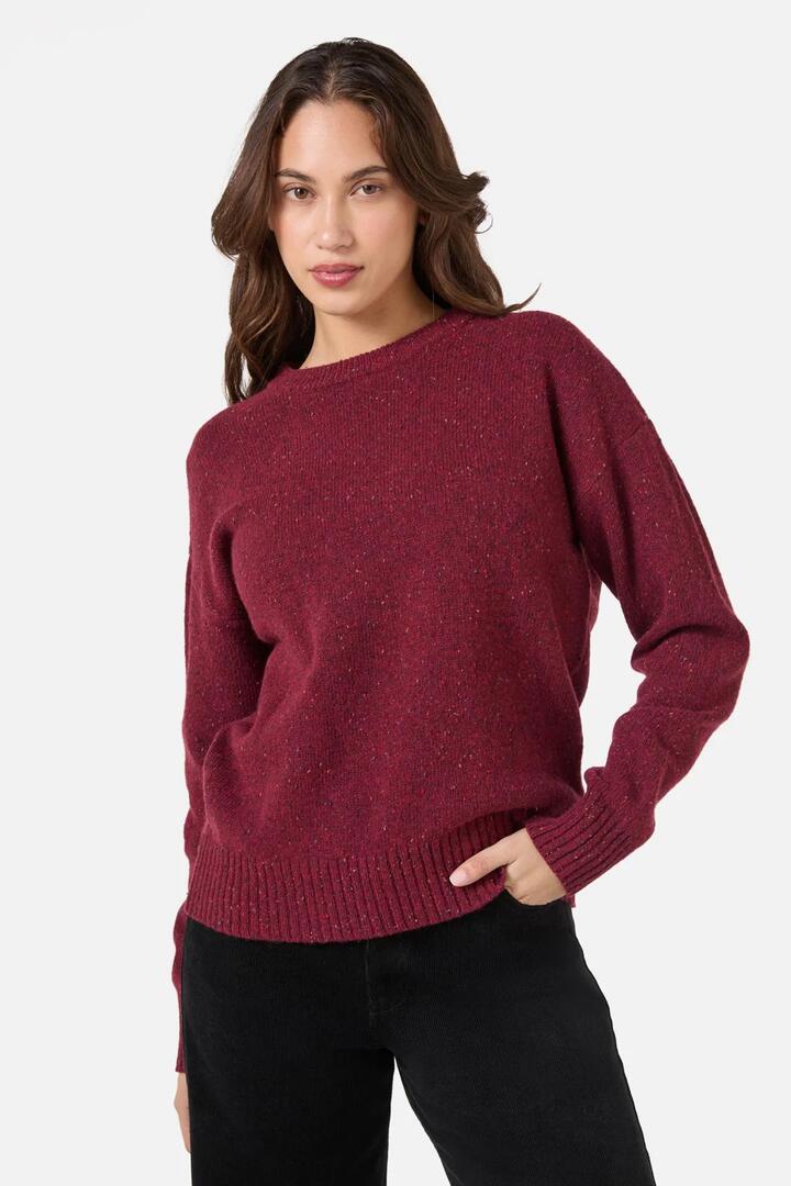Image of a model wearing Outerwear. Productname: Miller Wool Blend Jumper in Cherry colour by brand - Princess Highway
