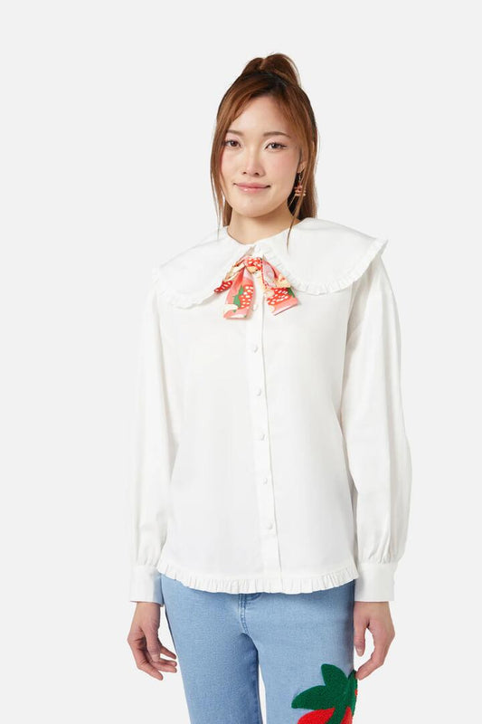 Image of a model wearing Tops. Productname: Oh Me Oh My Bow Blouse in White colour by brand - Dangerfield