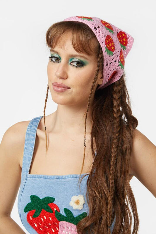 Image of Hair Accessories. Productname: Strawberry Crochet Bandana in Pink colour by brand - Dangerfield