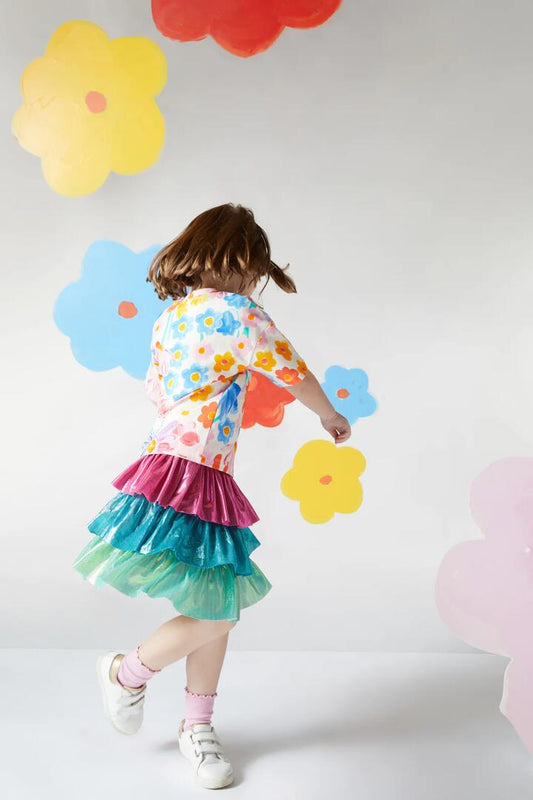 Image of a model wearing Skirts. Productname: Ra-Ra Kids Tiered Skirt in Multi colour by brand - Princess Highway Kids