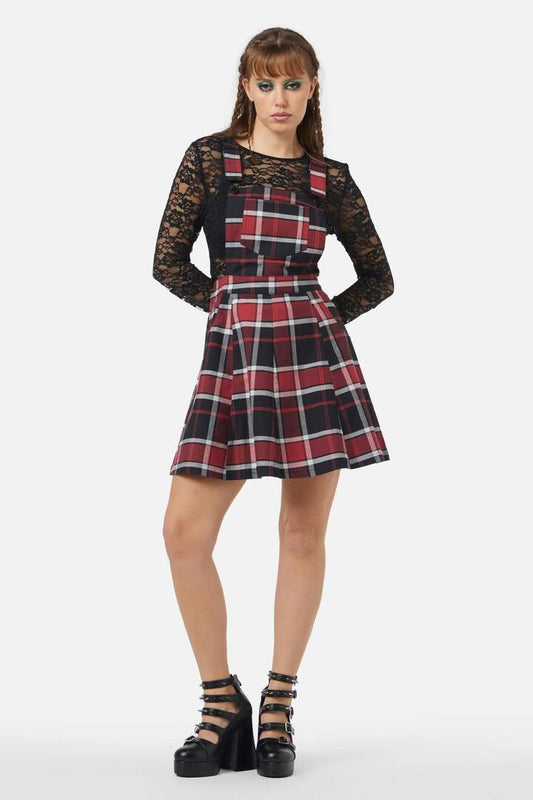 Image of a model wearing Dress. Productname: Ursula Tartan Pinafore in Black/Red colour by brand - Black Friday