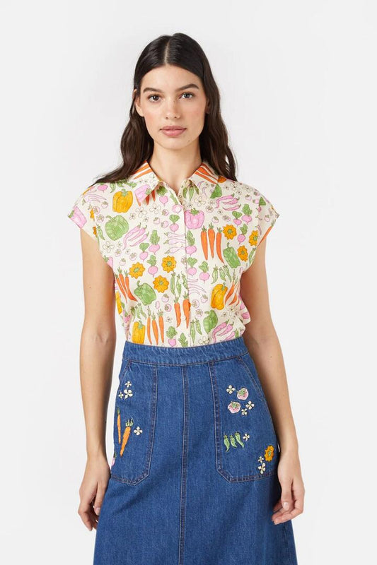 Image of a model wearing Tops. Productname: Veggie Patch Shirt in Cream colour by brand - Princess Highway