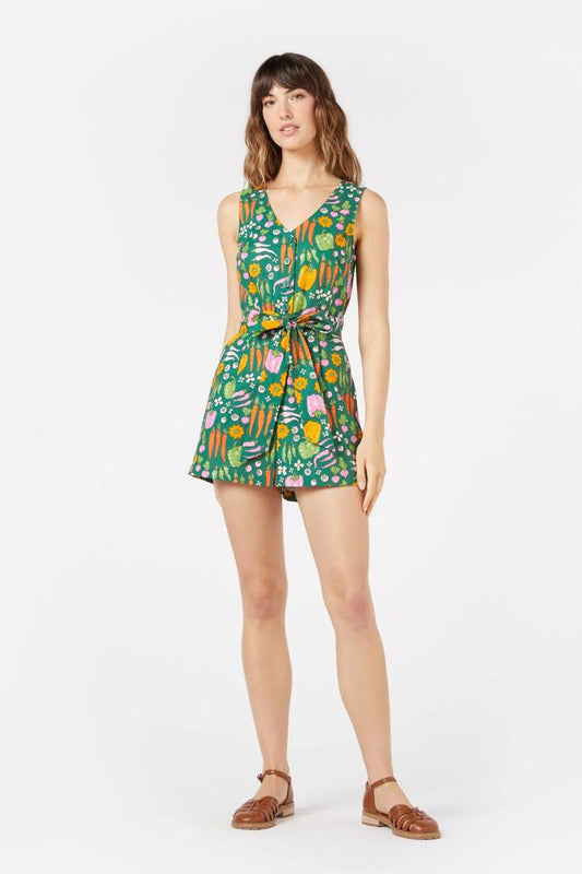 Image of a model wearing Dress. Productname: Veggie Patch Playsuit in Green colour by brand - Princess Highway