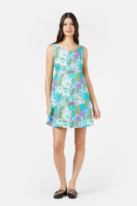 Image of a model wearing Dress. Productname: Eden Mini Dress in Blue colour by brand - Princess Highway