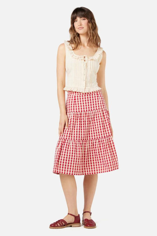Image of a model wearing Skirts. Productname: Greta Check Skirt in Red colour by brand - Princess Highway