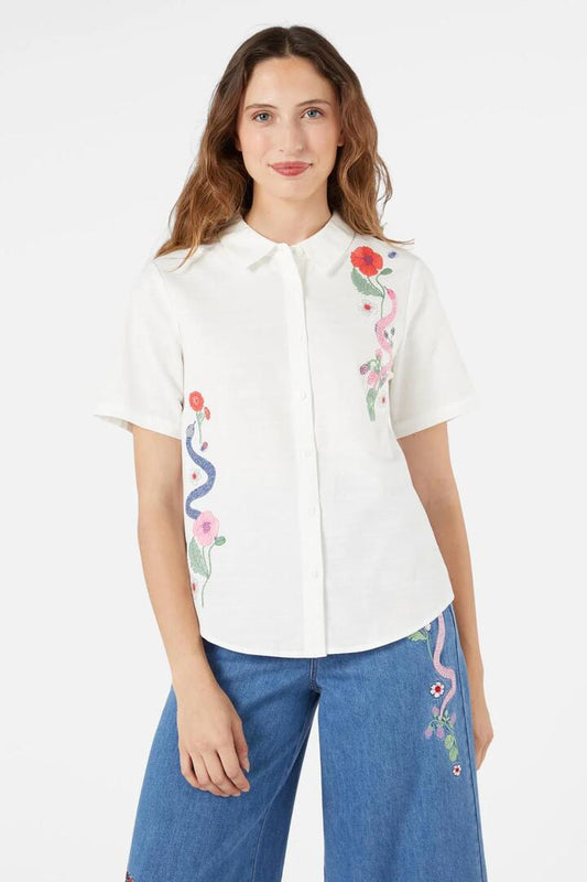 Image of a model wearing Tops. Productname: Snake Emb Blouse in Cream colour by brand - Princess Highway