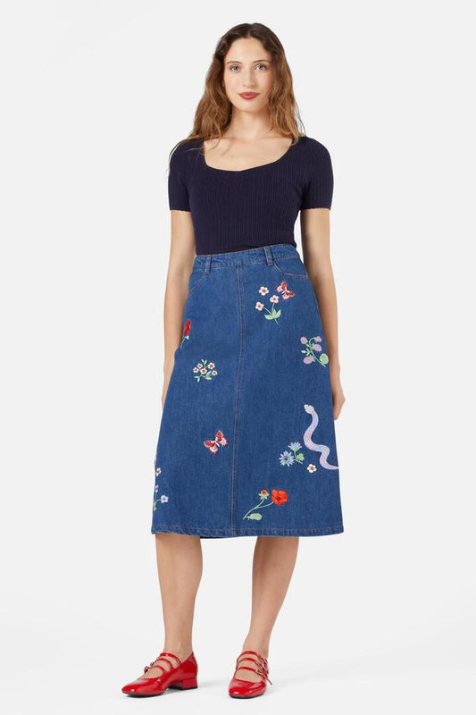Image of a model wearing Skirts. Productname: Snake Embroidered Skirt in Blue Denim colour by brand - Princess Highway