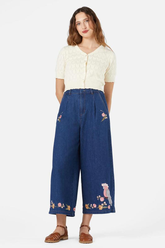 Image of a model wearing Pants. Product name - Galah Embroidered Culotte in Blue Denim colour by brand - Princess Highway
