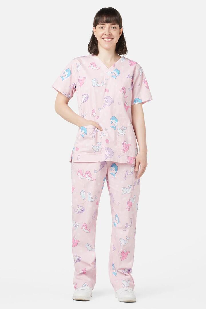 Image of a model wearing Uniforms & Workwear. Productname: Dolphin Scrub Set in Pink colour by brand - Dangerfield