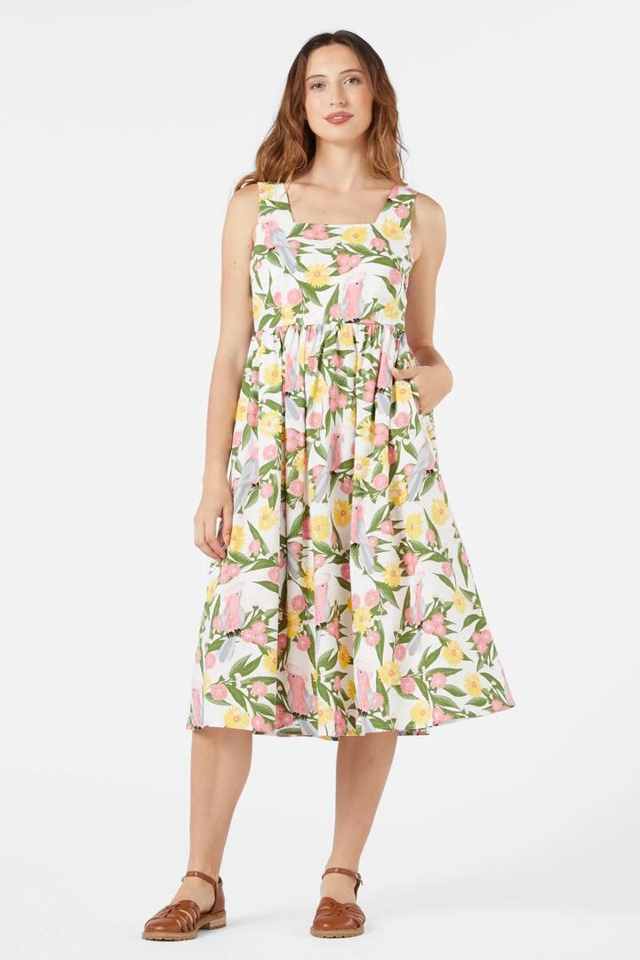 Image of a model wearing Dress. Productname: Galah Midi Dress in Cream colour by brand - Princess Highway