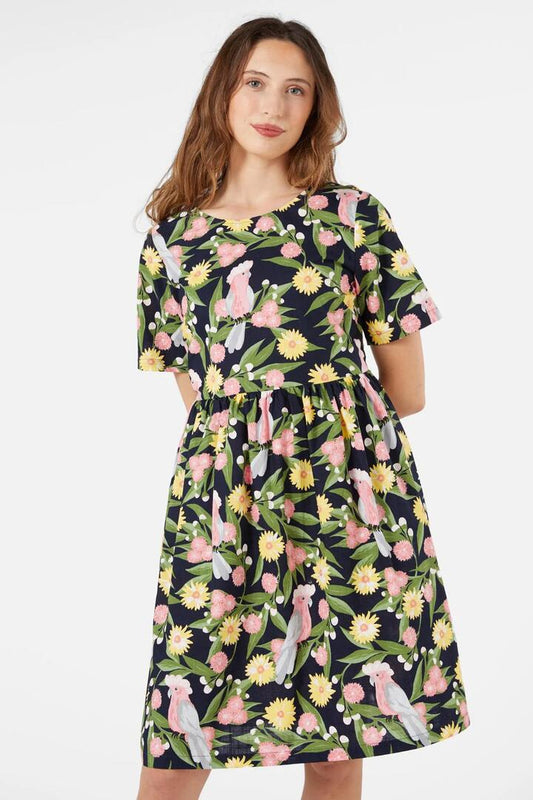 Image of a model wearing Dress. Productname: Galah Smock Dress in Navy colour by brand - Princess Highway