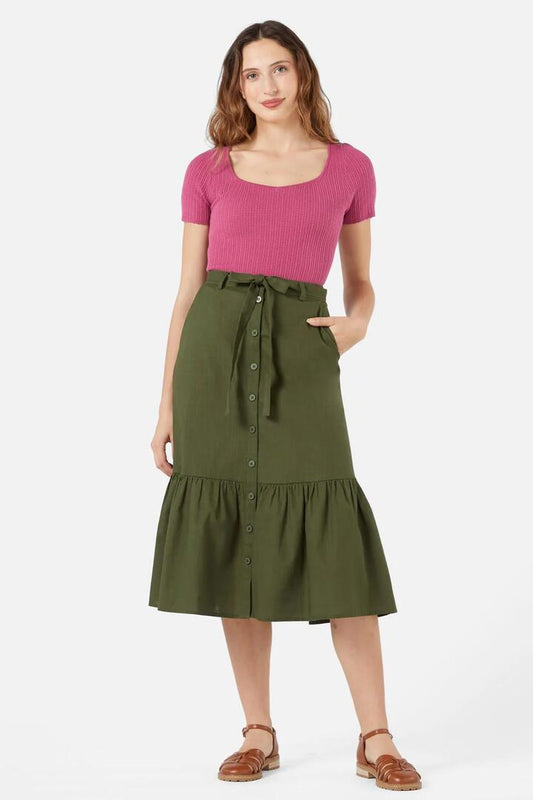 Image of a model wearing Skirts. Productname: Jolie Midi Skirt in Olive colour by brand - Princess Highway