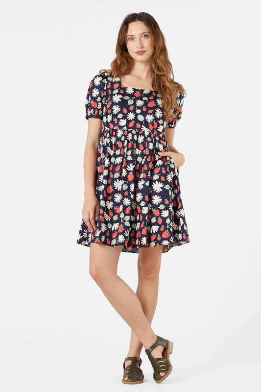 Image of a model wearing Dress. Productname: La Fraise Mini Dress in Navy colour by brand - Princess Highway