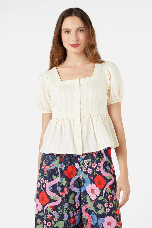 Image of a model wearing Tops. Productname: Beverly Top in Cream colour by brand - Princess Highway