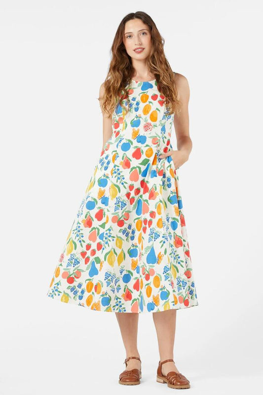 Image of a model wearing Dress. Productname: Fruit Bowl Midi Dress in Cream colour by brand - Princess Highway