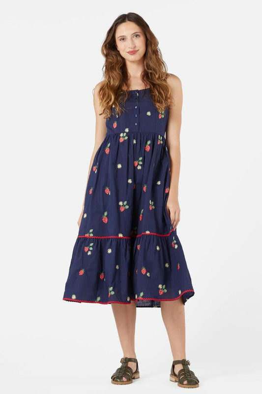 Image of a model wearing Dress. Productname: Sweet Jam Emb Dress in Navy colour by brand - Princess Highway