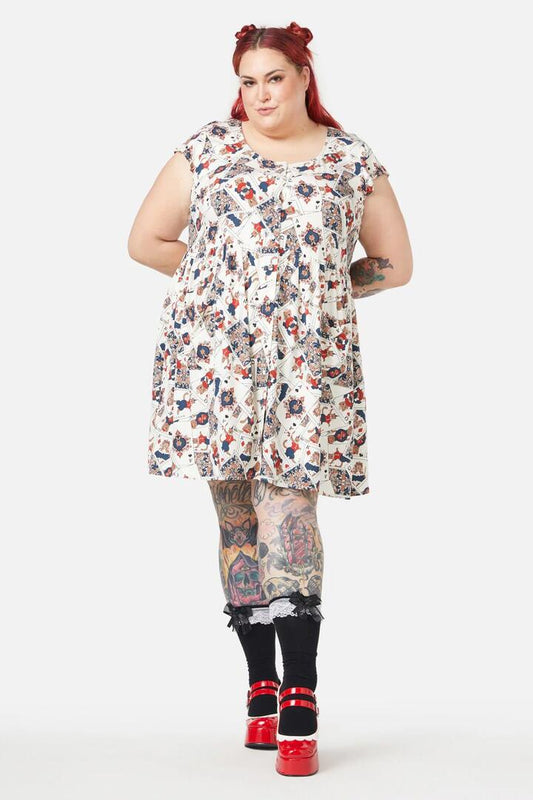 Image of a model wearing Dress. Productname: Curve Queen Of Cats Print Dress in Cream colour by brand - Dangerfield