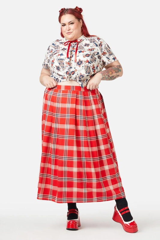 Image of a model wearing Skirts. Productname: Curve Queen Of Cats Tartan Skirt in Red colour by brand - Dangerfield