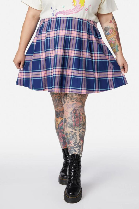 Image of a model wearing Skirts. Productname: Curve Sandbank Tartan Skirt in Multi colour by brand - Dangerfield