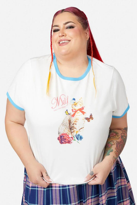 Image of a model wearing Tops. Productname: Curve Milf Tee in Cream colour by brand - Dangerfield
