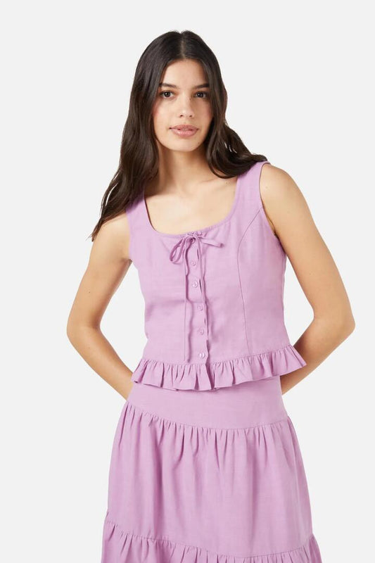 Image of a model wearing Tops. Productname: Leisl Top in Lilac colour by brand - Princess Highway