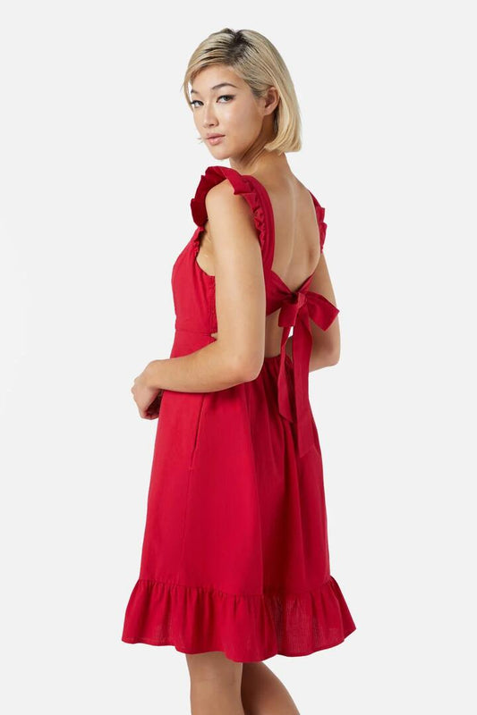 Image of a model wearing Dress. Productname: Kiera Mini Dress in Red colour by brand - Princess Highway