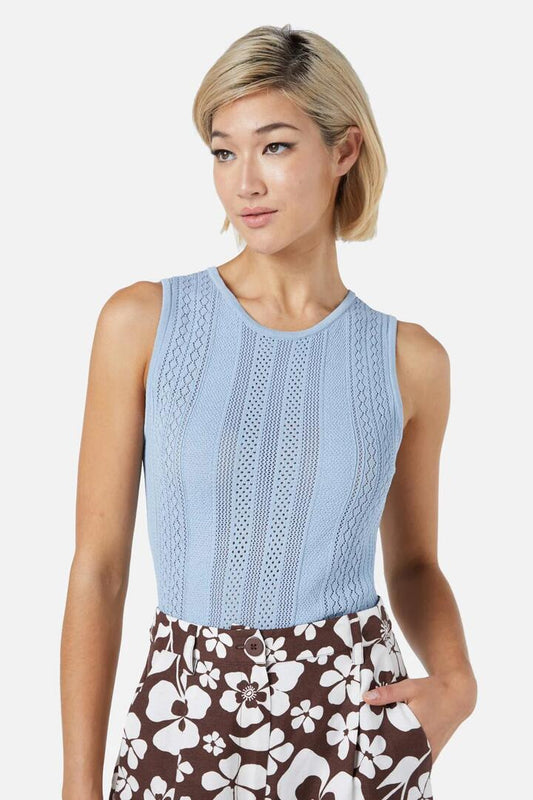 Image of a model wearing Tops. Productname: Fran Lace Knit Tank in Blue colour by brand - Princess Highway