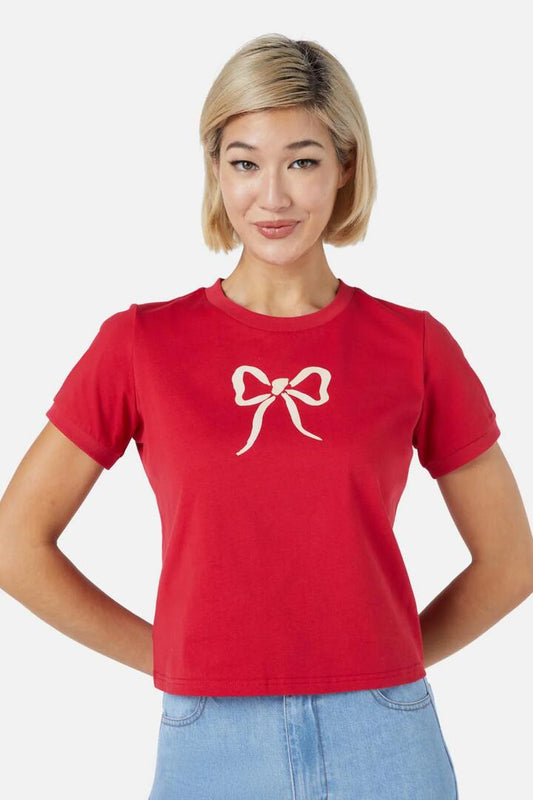 Image of a model wearing Tops. Productname: Beautiful Bows T-Shirt in Red colour by brand - Princess Highway
