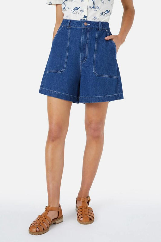 Image of a model wearing Shorts. Productname: Reece Short in Blue Denim colour by brand - Princess Highway