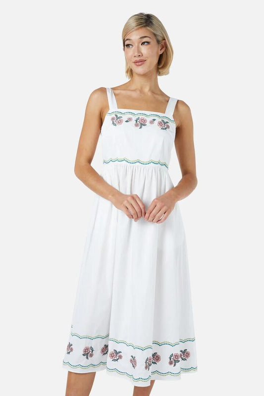 Image of a model wearing Dress. Productname: Renata Emb Dress in Cream colour by brand - Princess Highway