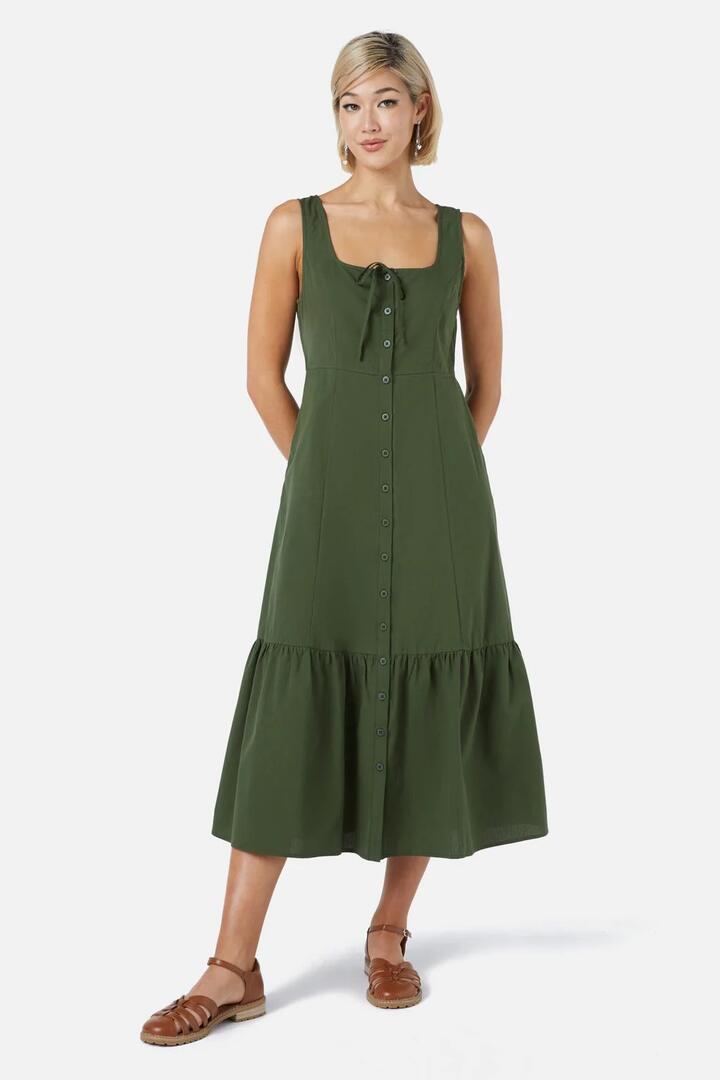 Image of a model wearing Dress. Productname: Ardyn Midi Dress in Olive colour by brand - Princess Highway