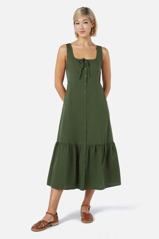 Image of a model wearing Dress. Productname: Ardyn Midi Dress in Olive colour by brand - Princess Highway