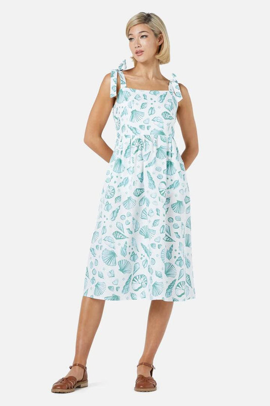 Image of a model wearing Dress. Productname: Sea Shell Midi Dress in Green colour by brand - Princess Highway