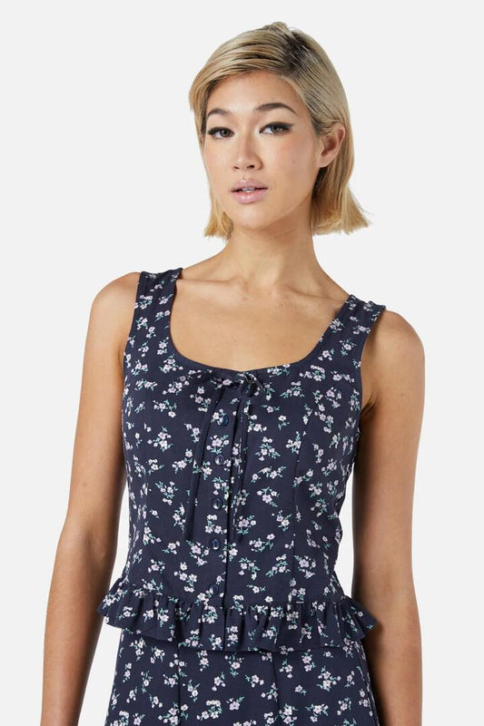 Image of a model wearing Tops. Productname: Lila Ditsy Top in Navy colour by brand - Princess Highway
