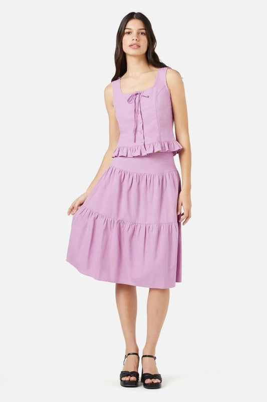 Image of a model wearing Skirts. Productname: Leisel Skirt in Lilac colour by brand - Princess Highway