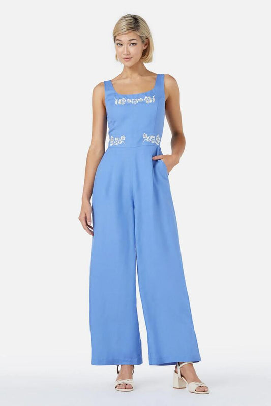 Image of a model wearing Outerwear. Productname: Cecilia Emb Jumpsuit in Blue colour by brand - Princess Highway