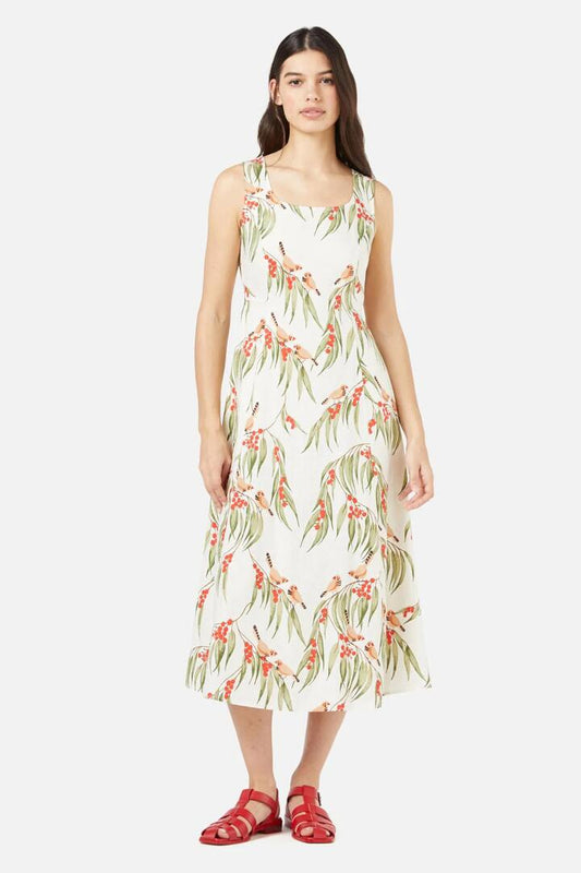 Image of a model wearing Dress. Productname: Zebra Finch Midi Dress in Cream colour by brand - Princess Highway