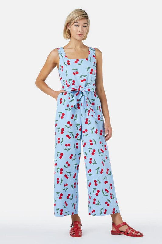 Image of a model wearing Outerwear. Productname: Cherry Girl Jumpsuit in Blue colour by brand - Princess Highway